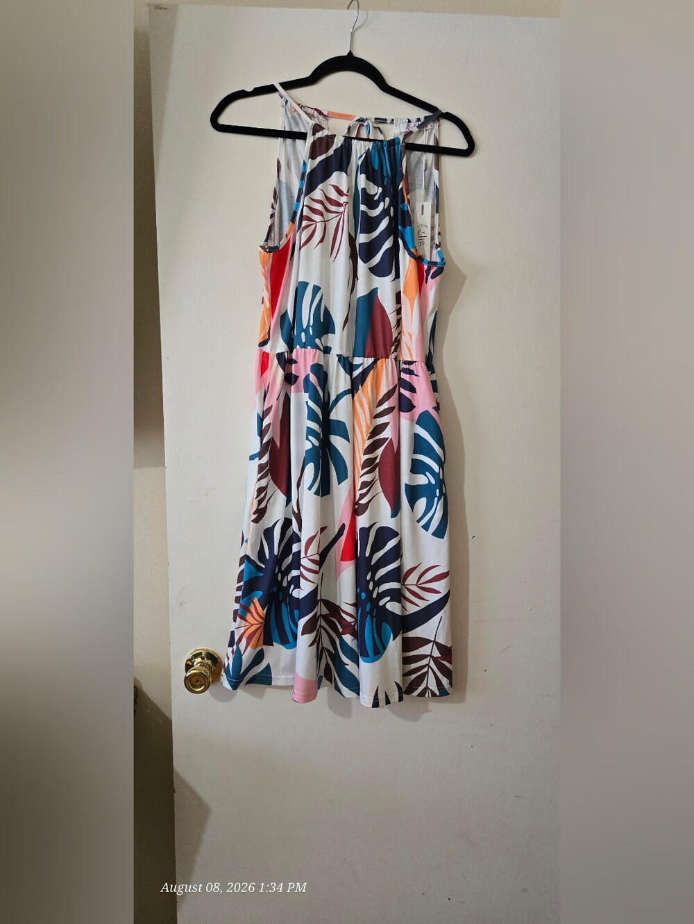 Sleeveless Adjustable Racerback Midi Dress w/Tropical Leaf Print in Multicolor